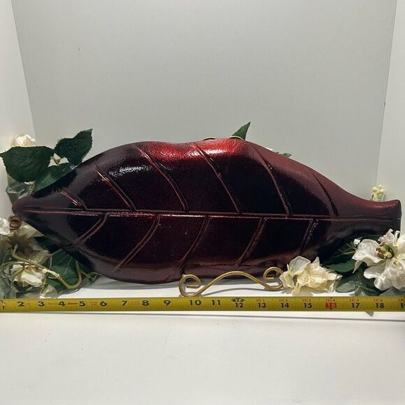 Vintage Glass Leaf Decorative Serving Tray 20” Gold-tone & Red Two-tone - Picture 4 of 6